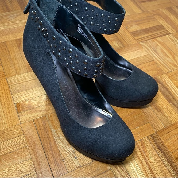 Black Suede Platform Heels with Studded Ankle Straps - Picture 2 of 6